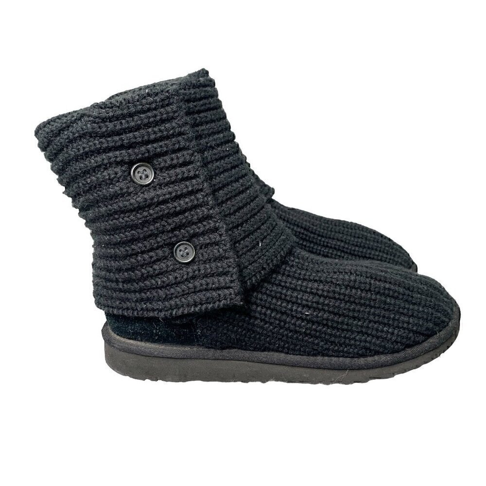 UGG Women's Classic Cardy Fold Over Two Button Tall Knit Boot-Black Suede, Sz 6